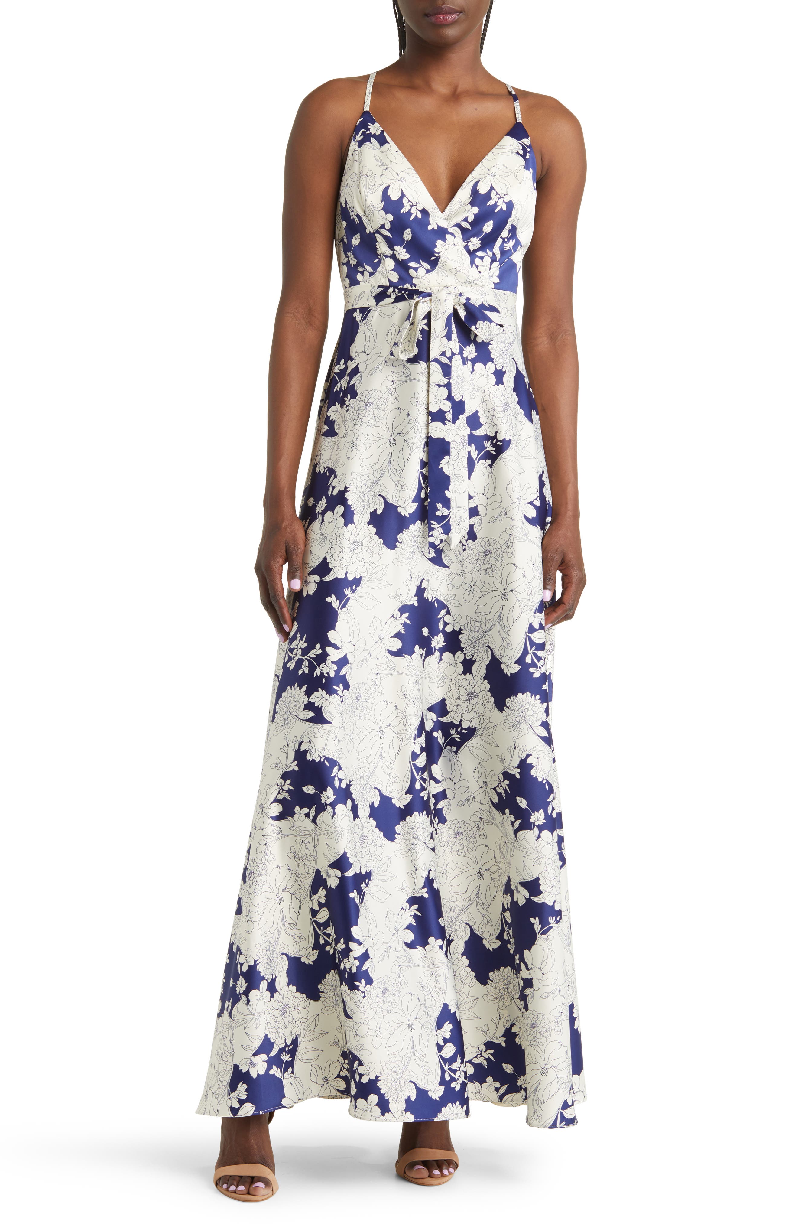 Blue and White Floral Dress - Skater Mini Dress - Faux Wrap Dress - Lulus