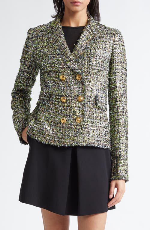 Shop Giambattista Valli Double Breasted Metallic Eyelash Tweed Blazer In Black/green