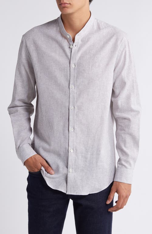 Emporio Armani Pinstripe Band Collar Linen & Cotton Button-up Shirt In Grey