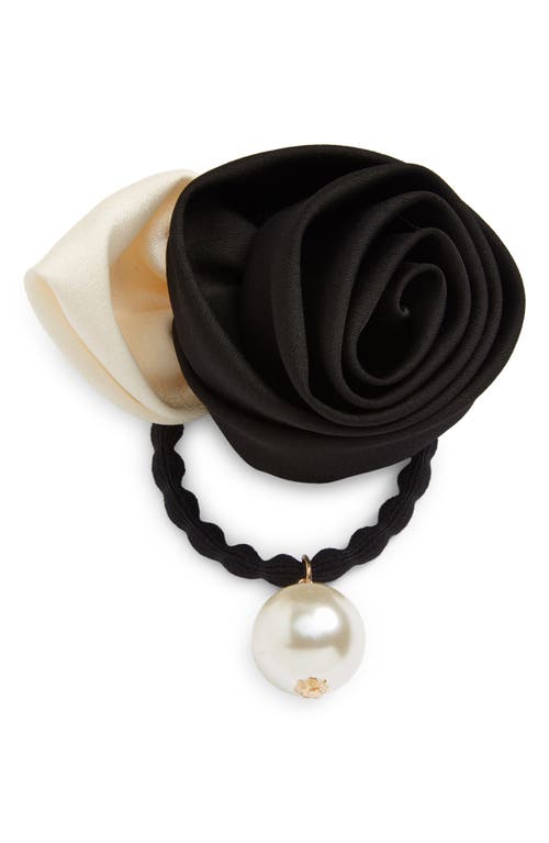 Rose & Imitation Pearl Ponytail Holder in Black