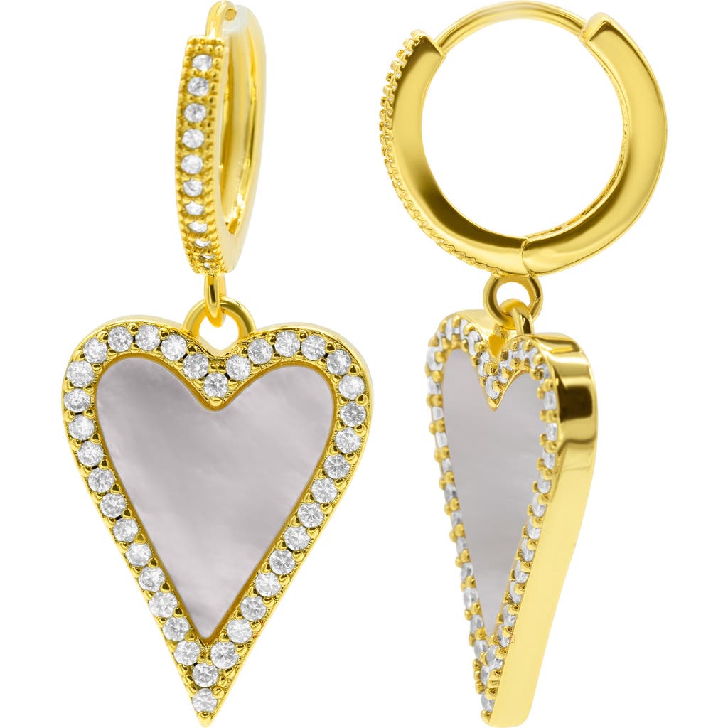 Adornia 14k Gold Plated White Mother-of-pearl Crystal Halo Heart Drop Huggie Earrings In Gold/white