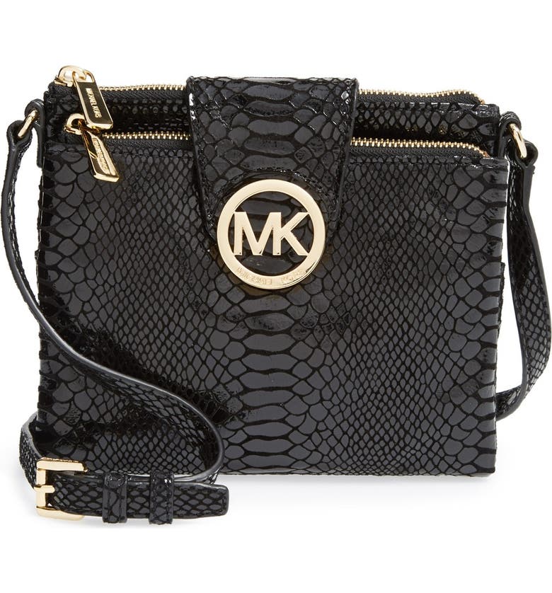 MICHAEL MICHAEL KORS 'Large Fulton' Embossed Patent Crossbody Bag, Main, color, Black