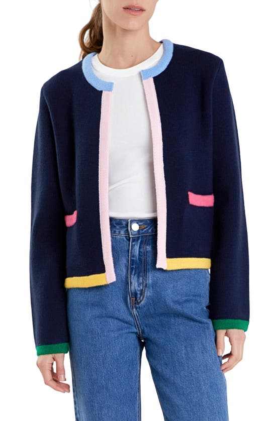 Shop English Factory Colorblock Cardigan In Navy Multi