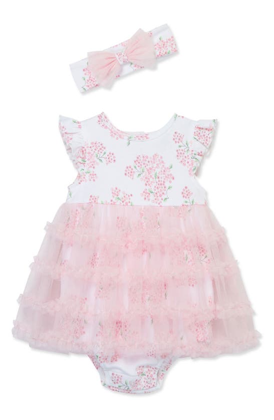 Little Me Babies' Hydrangea Floral Skirted Bodysuit & Headband Set In Pink