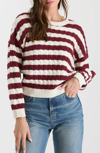 Blu Pepper Stripe Cable Knit Crop Sweater In Oxblood
