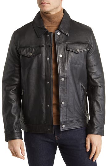 Frye Men's Classic Leather Snap-front Trucker Jacket In Black
