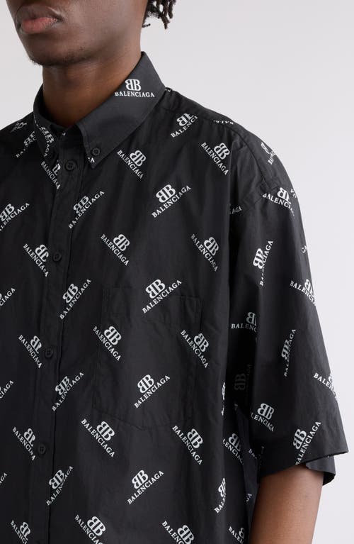 Shop Balenciaga Bb Monogram Oversize Short Sleeve Cotton Button-down Shirt In 1070 Black/white