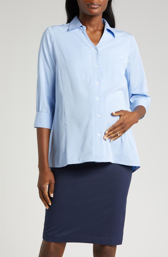 Shop Marion Three-quarter Sleeve Twill Maternity Button-up Top In Pale Blue