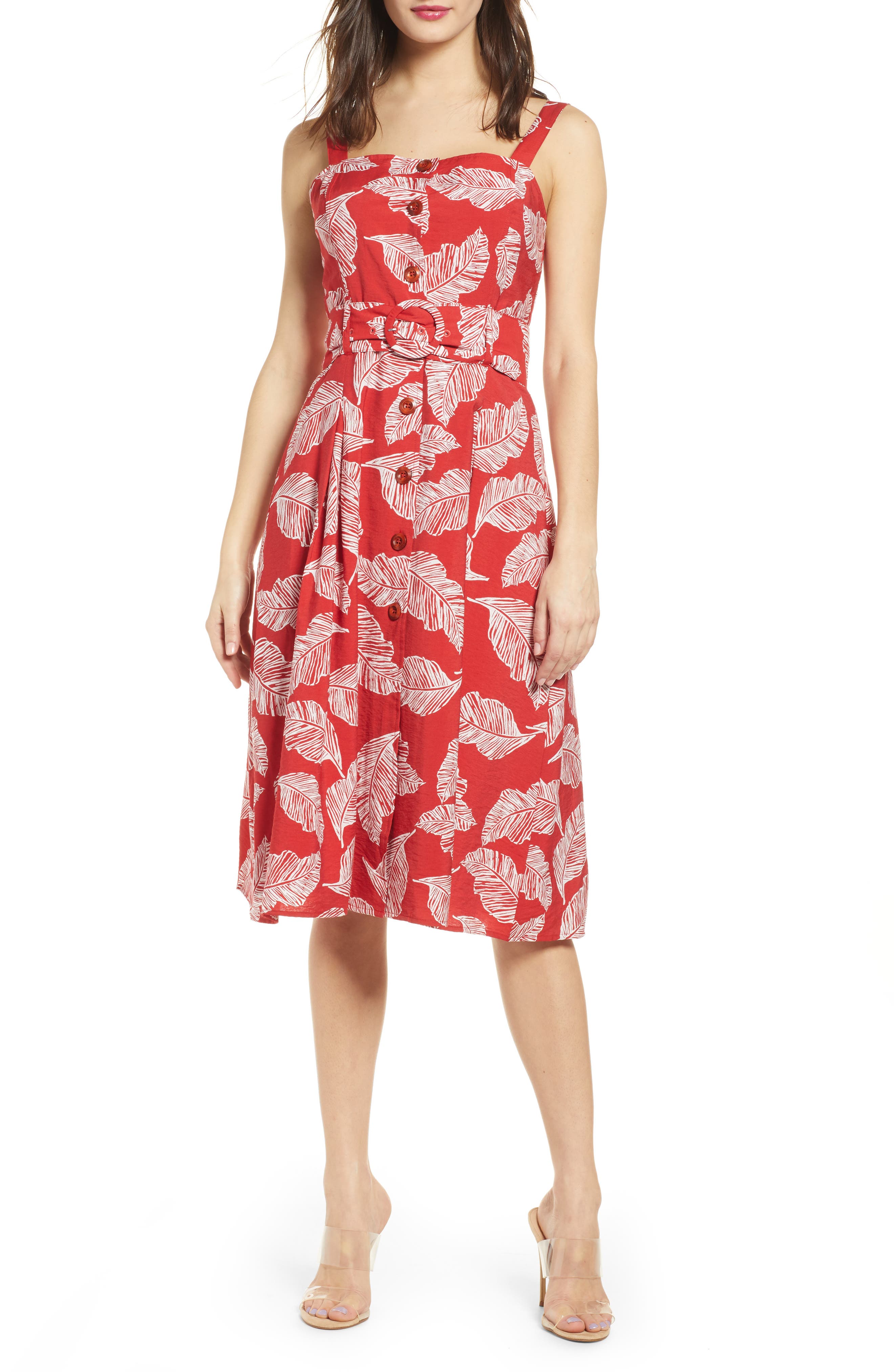 J.o.a. Button Front Fit & Flare Dress, Red