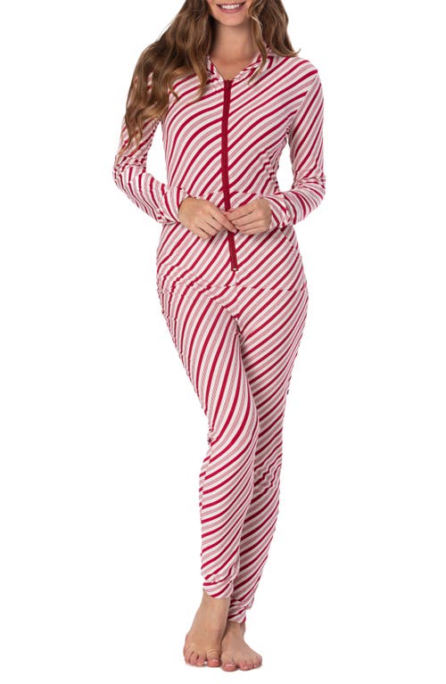 KicKee Pants Holiday Candy Cane Hooded Jumpsuit in Crimson Candy Cane Stripe