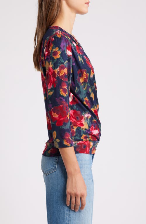 Loveappella Floral Print Faux Tie Wrap Top In Blue Multi