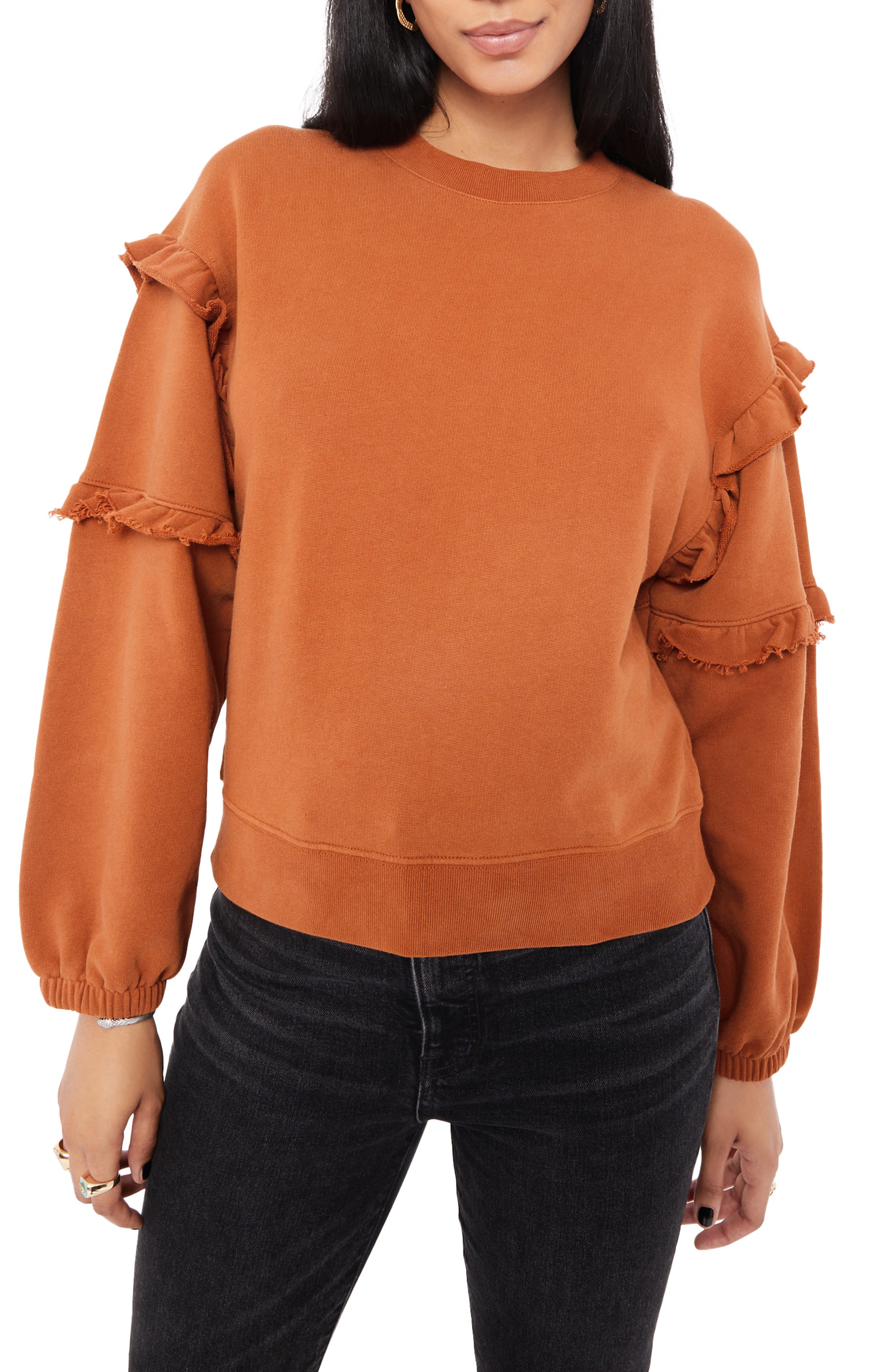 Rebecca Minkoff Evelyn Frill Balloon Sleeve Cotton Sweatshirt in Terra at Nordstrom, Size X-Large