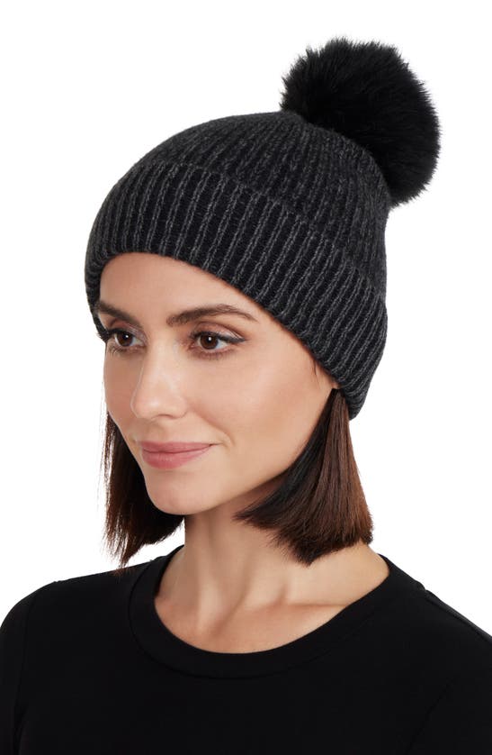 STEWART OF SCOTLAND TWO-TONE RIB KNIT BEANIE WITH GENUINE SHEARLING POM