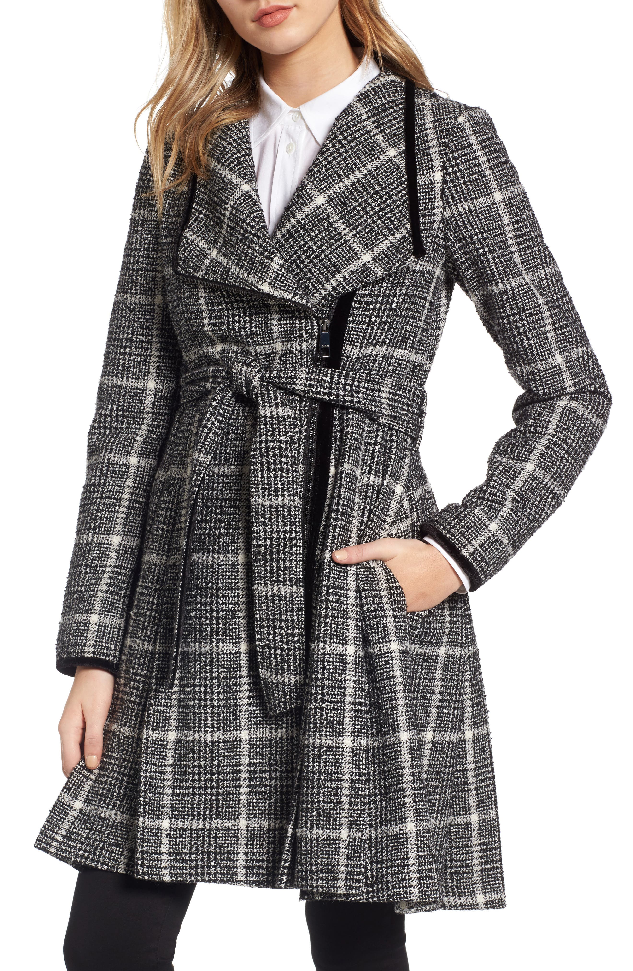 GUESS Velvet Trim Plaid Tweed Coat Nordstrom