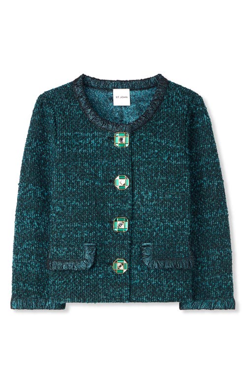 St John Metallic-trim Jewel-button Italian Slub Tweed Jacket In Dark Teal/black Multi