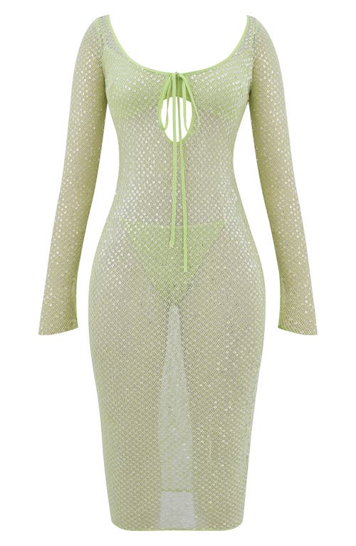 Shop Mistress Rocks Long Sleeve Sequin Mesh Midi Dress, Bra & Panties Set In Lime