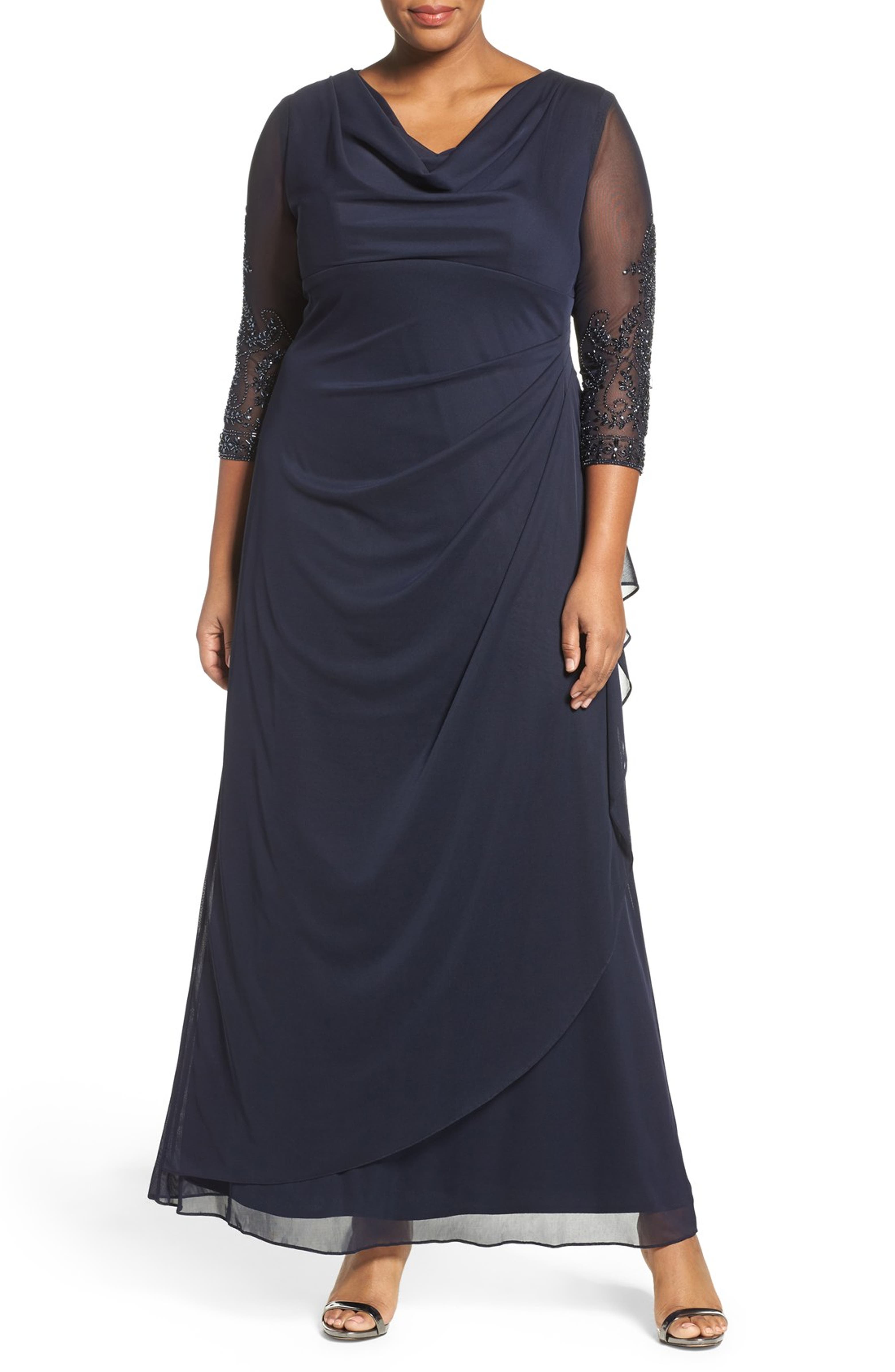 Alex Evenings Beaded Sleeve Ruched Waist Gown | Nordstrom