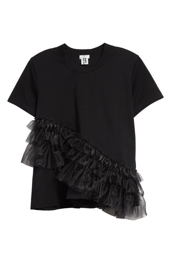 Shop Noir Kei Ninomiya Asymmetric Ruffle Organza Detail Cotton T-shirt In Black