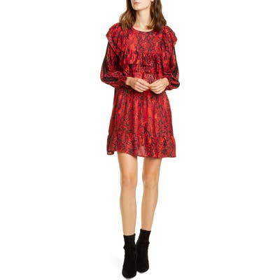 Ba & sh Sym Snake Print Long Sleeve Babydoll Dress, Red