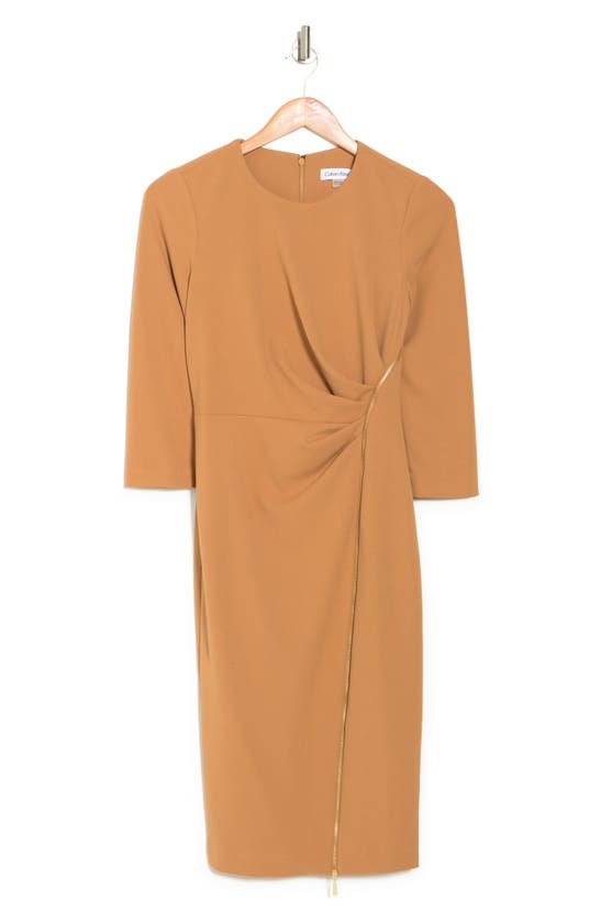 Calvin Klein Ruched Zipper Sheath Dress In Luggage
