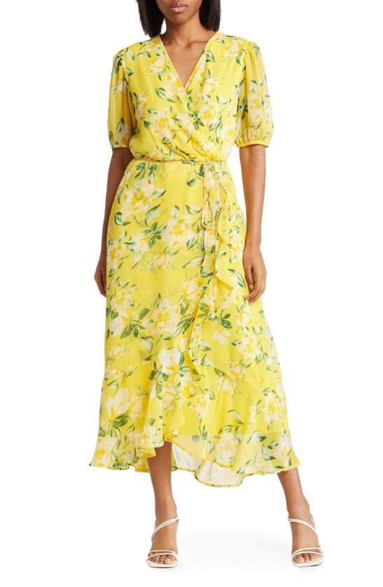 Harlow Rose Floral Elbow Sleeve Chiffon Maxi Dress In Yellow