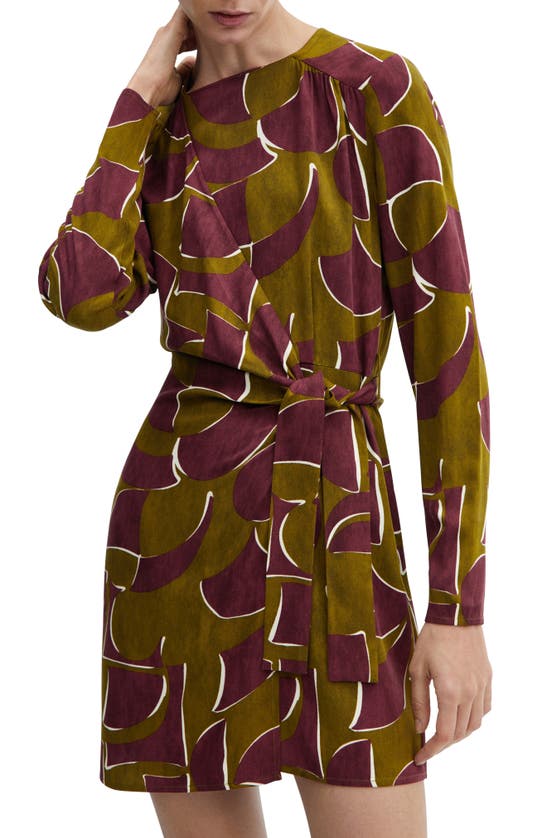 Shop Mango Geo Print Long Sleeve Faux Wrap Minidress In Burgundy
