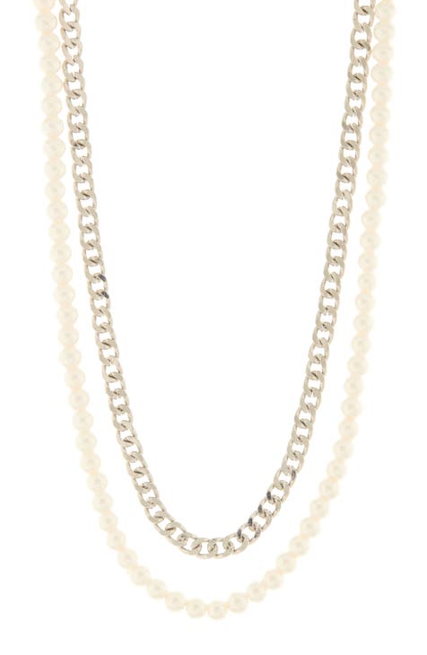 Set of 2 Imitation Pearl & Curb Chain Necklaces