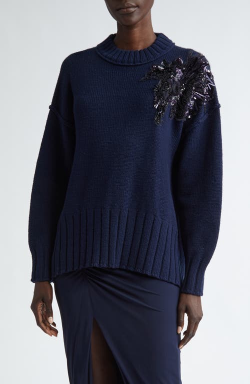 Shop Jason Wu Collection Sequin & Bead Detail Merino Wool Crewneck Sweater In Navy