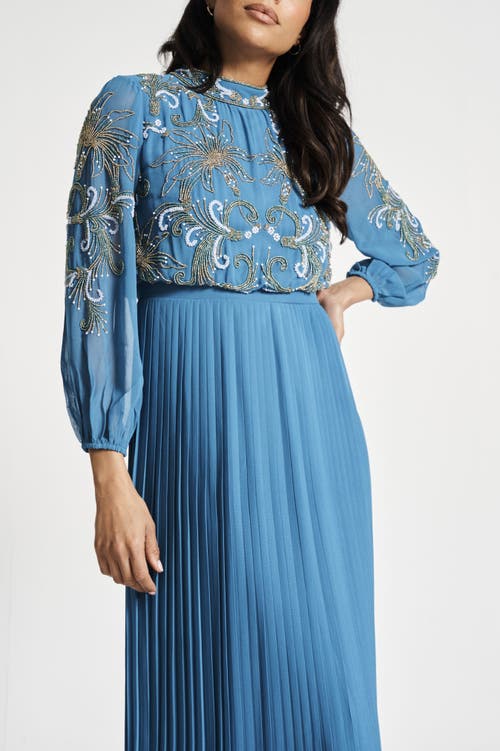 Shop Frock And Frill Floral Embellished Gown With Pleated Skirt In Majolica Blue