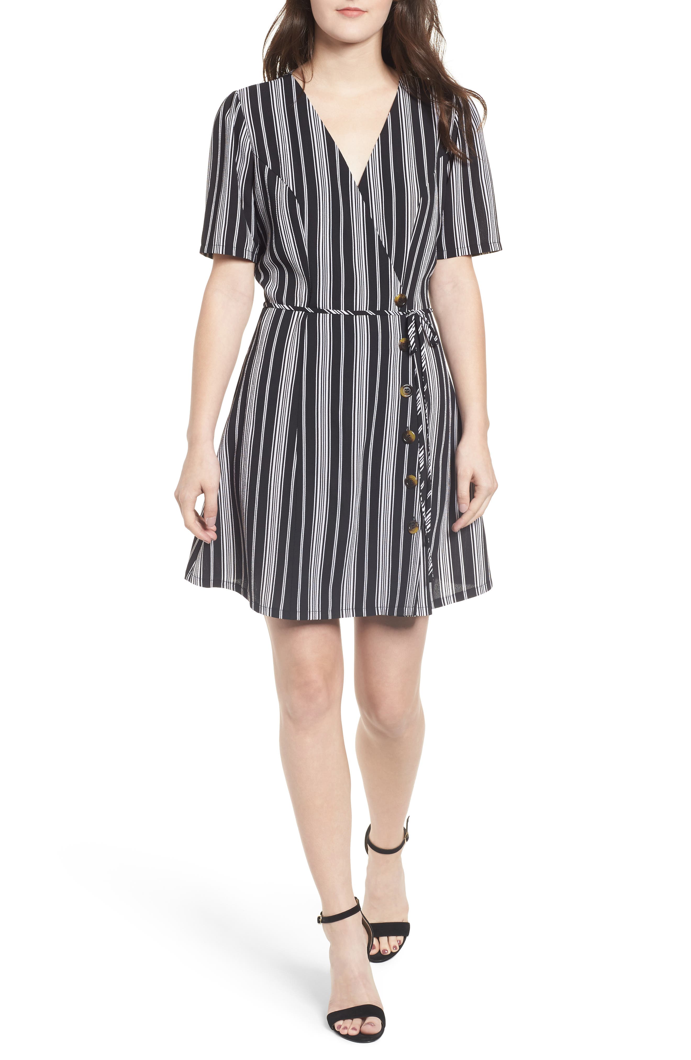 Speechless Button Front Wrap Dress, Black