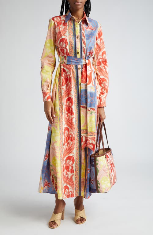 Shop Etro Long Sleeve Belted Maxi Shirtdress In X0802 - White Multi