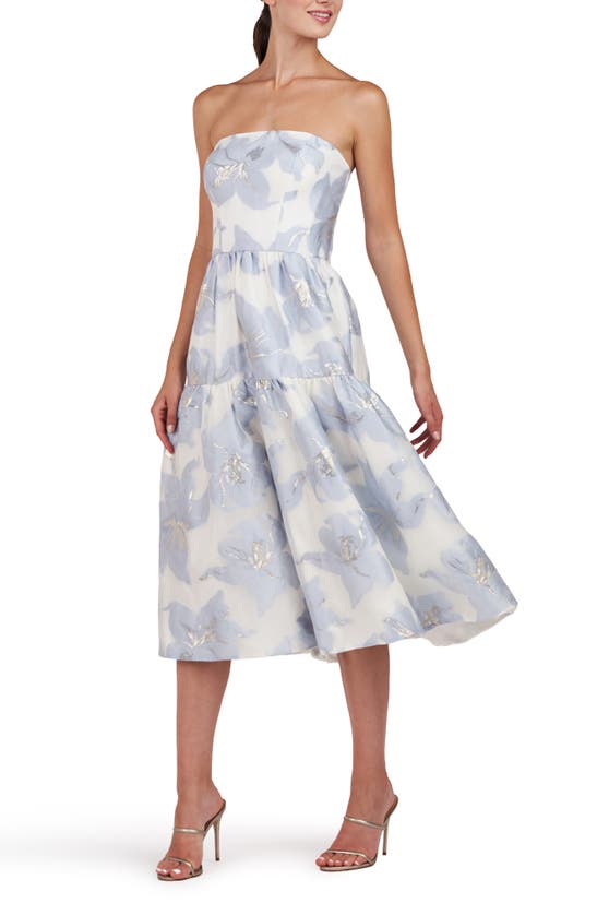 Shop Kay Unger Cassie Metallic Strapless Midi Dress In Pale Blue/ Ivory
