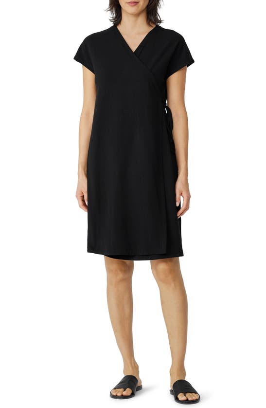Eileen Fisher Short Sleeve Stretch Jersey Wrap Dress In Black