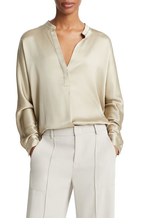Women's Silk Long Sleeve V-Neck Pullover Casual Tops