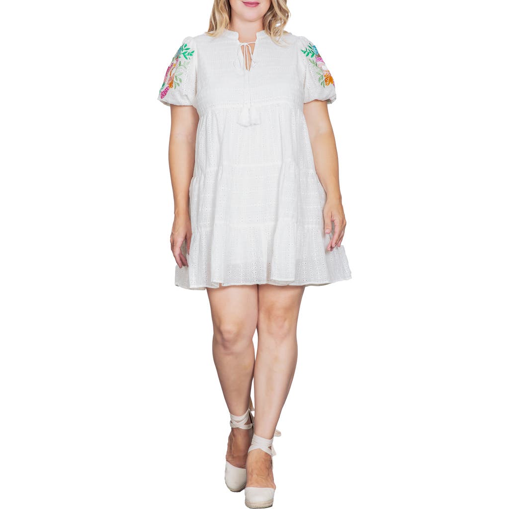 Standards & Practices Embroidered Sleeve Cotton Eyelet Dress In White