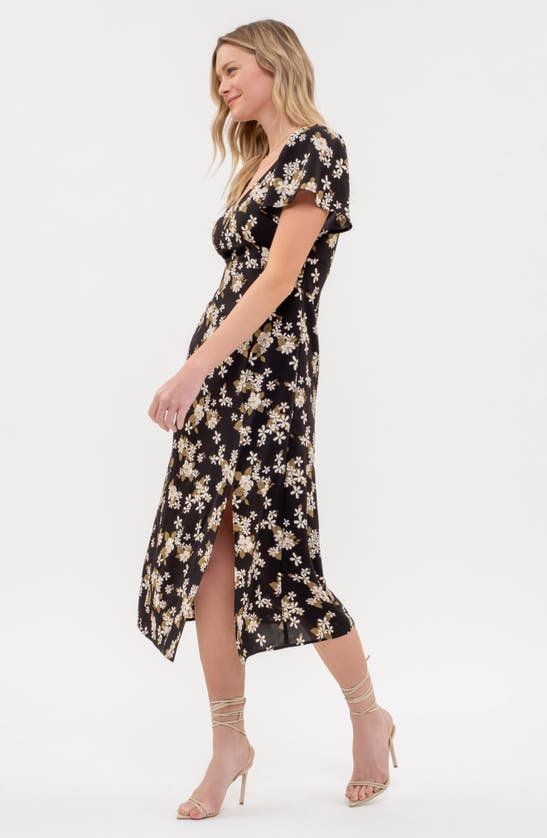 Shop Blu Pepper Floral Print Side Slit Midi Dress In Black Multi