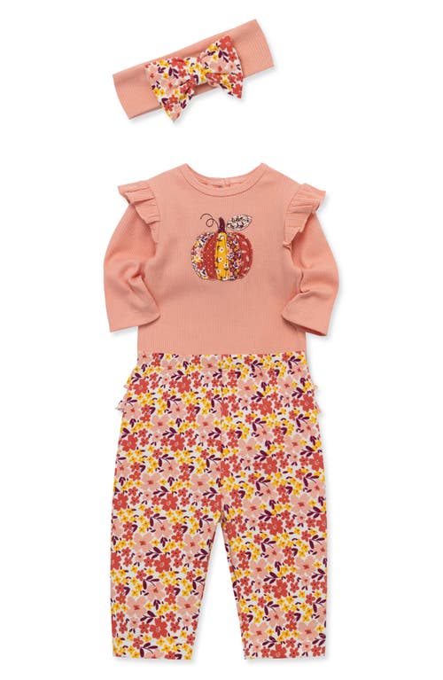 Shop Little Me Pumpkin Cotton Bodysuit, Leggings & Headband Set In Pink