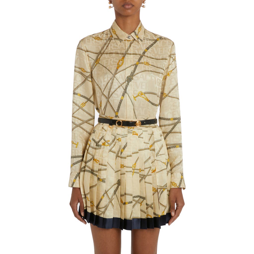 Versace Rope Logo Print Satin Button-up Shirt In Neutral