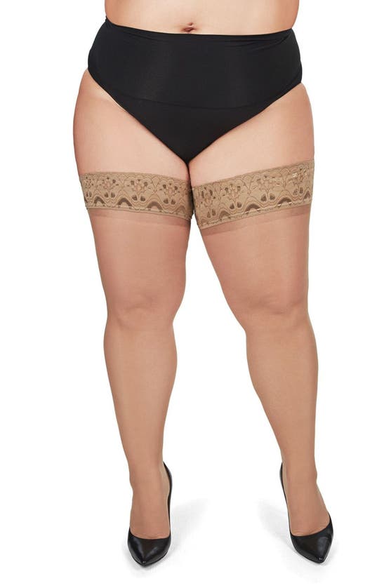 Memoi Sheer Thigh High Stockings In City Beige