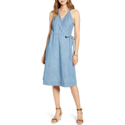 Petite 1901 Halter Neck Chambray Wrap Dress, Blue
