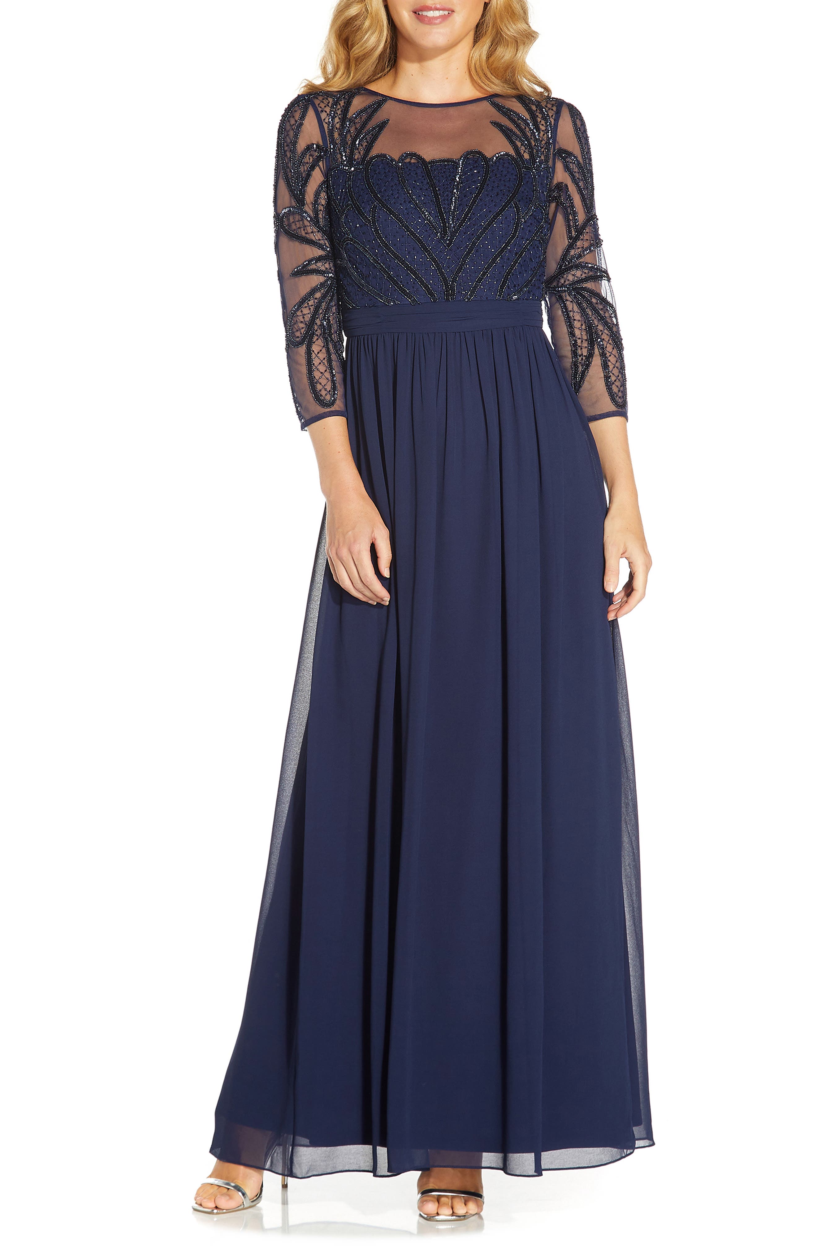navy blue formal gown with sleeves