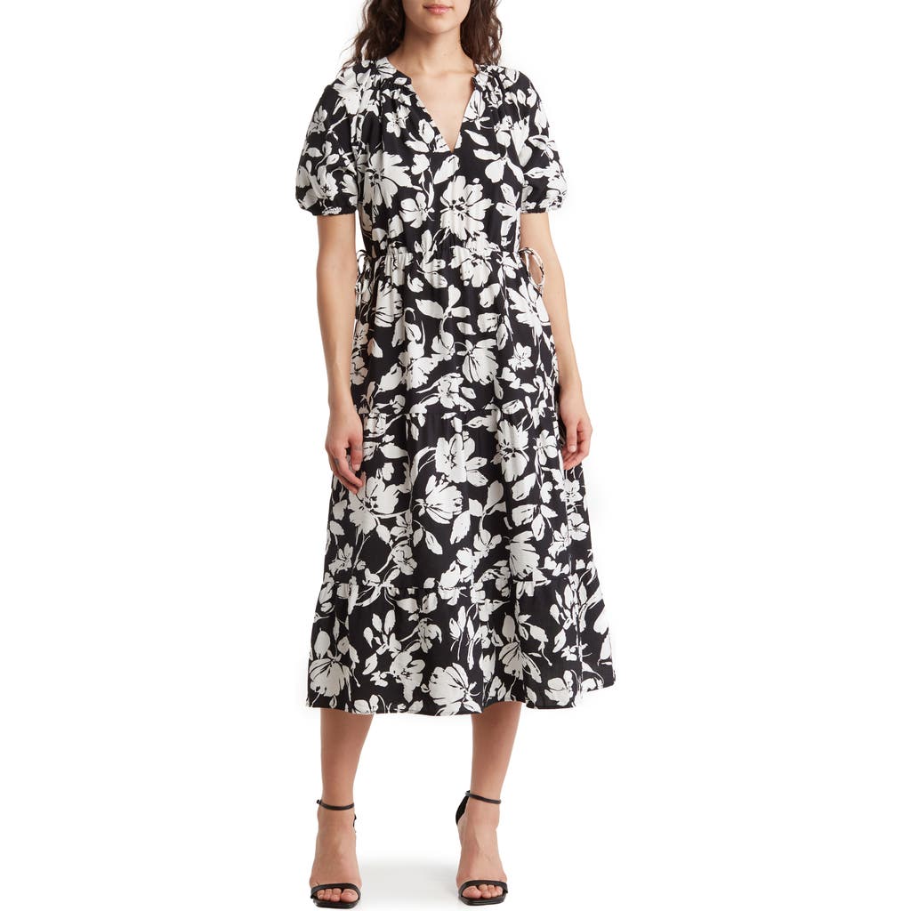 Shop Ellen Tracy Puff Sleeve Side Tie Midi Dress In Black/white Floral Blossom