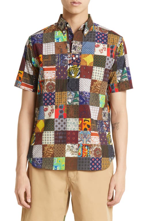 BEAMS Patchwork Short Sleeve Button-Down Popover Shirt in Brown Patchwork