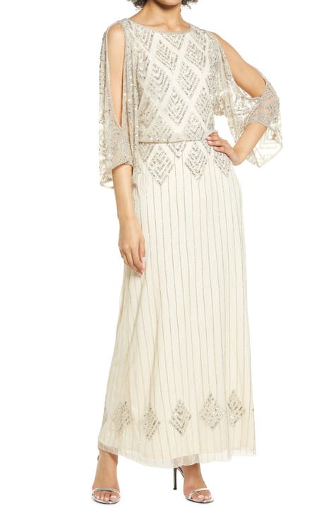 3/4-Sleeve Beaded Blouson Gown