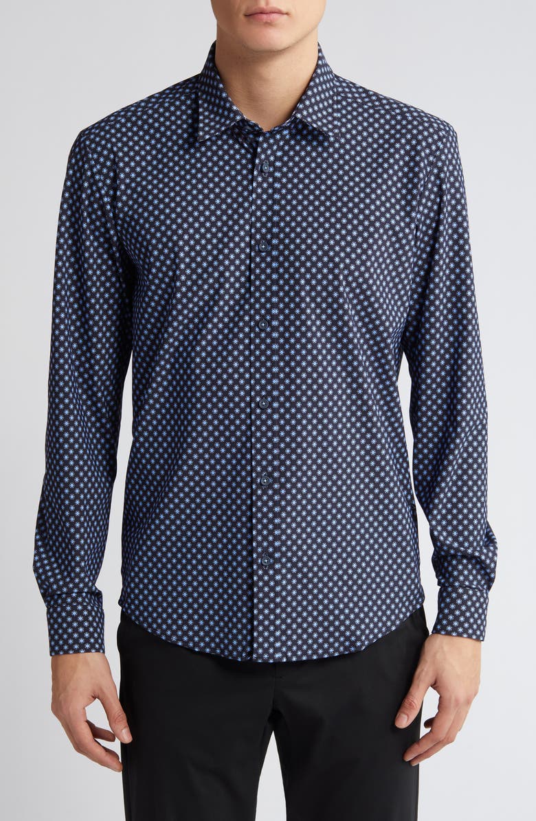 BOSS Liam Regular Fit Geometric Medallion Print Stretch Button-Up Shirt, Main, color, Nvy