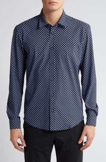 BOSS Liam Regular Fit Geometric Medallion Print Stretch Button Up