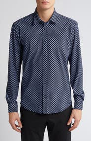 BOSS Liam Regular Fit Geometric Medallion Print Stretch Button-Up Shirt