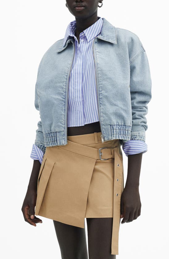 Shop Mango Cufy Stripe Crop Button-up Shirt In Sky Blue