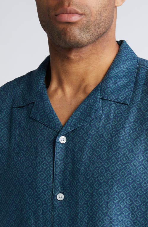 Shop Nordstrom Regular Fit Geo Pattern Linen Blend Camp Shirt In Navy- Teal Abstract Diamonds