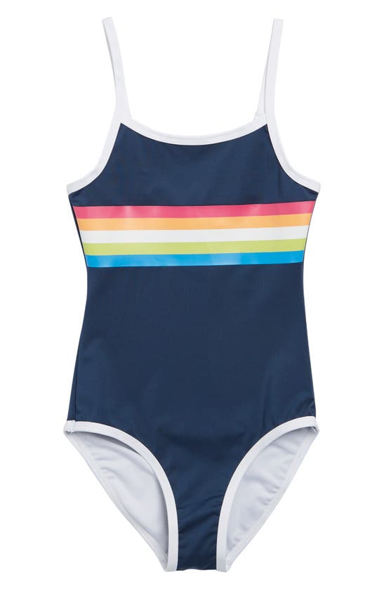 Melrose And Market Kids' Rainbow Stripe One-piece Swimsuit In Navy Denim Rainbow Stripe